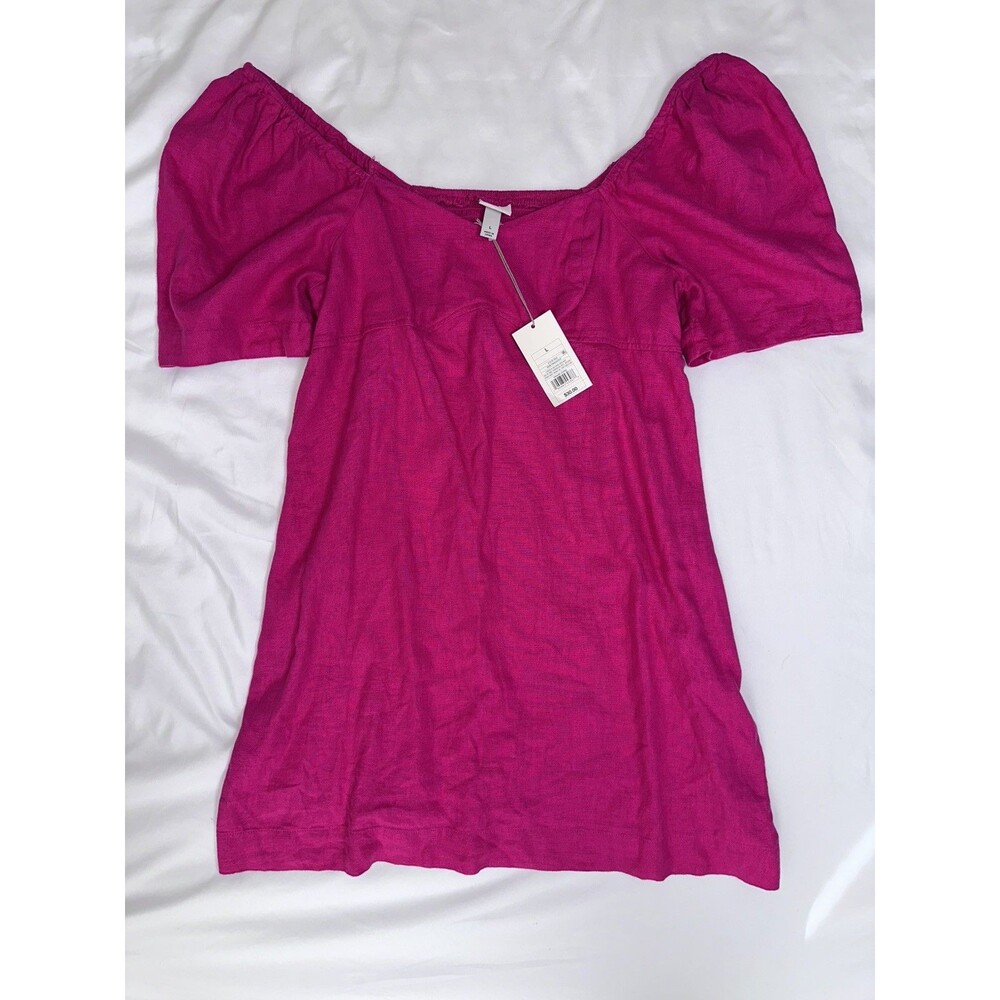 A New Day Womens Dress Linen Blend Short Sleeve Dark Pink Large NWT